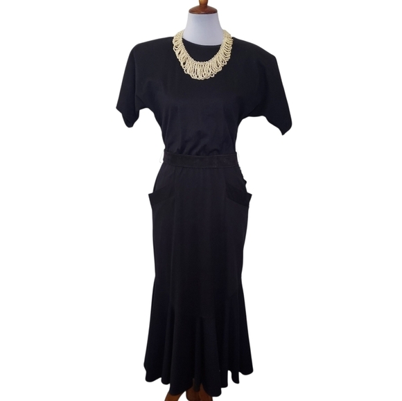 Vintage Dresses & Skirts - Vintage Black Sheath Dress with Dolman Sleeves and Bib Collar